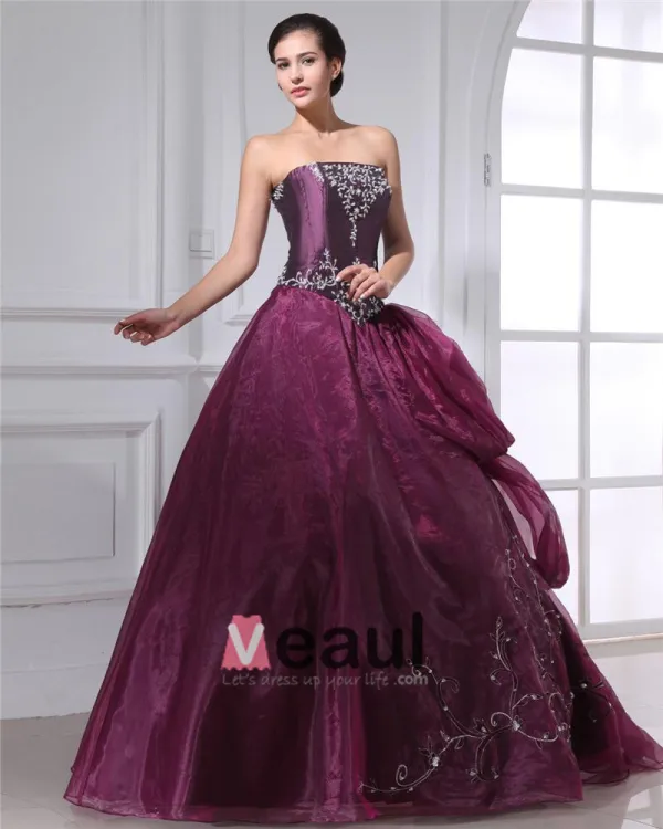 Ball Gown Taffeta Organza Applique Ruffle Beading Strapless Floor Length Quinceanera Prom Dresses