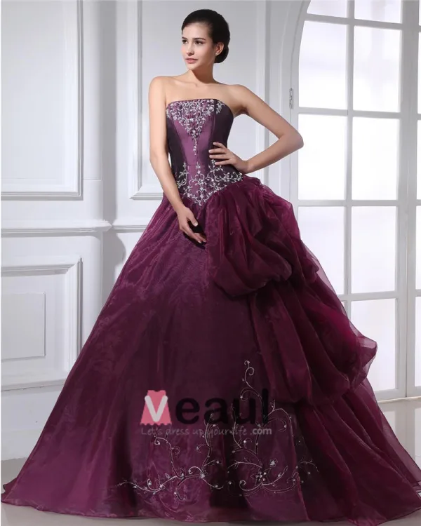 Ball Gown Taffeta Organza Applique Ruffle Beading Strapless Floor Length Quinceanera Prom Dresses