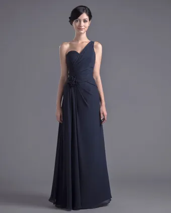 Fashion Chiffon Pleated Flower One Shoulder Floor Length Bridesmaid Dress