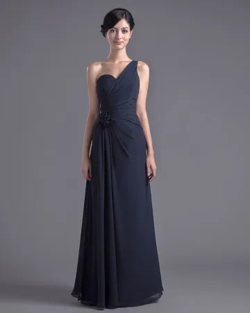 Mousseline De Soie Fleur Une Epaule Etage Robe De Demoiselle D Honneur De Longueur Plisse De Mode