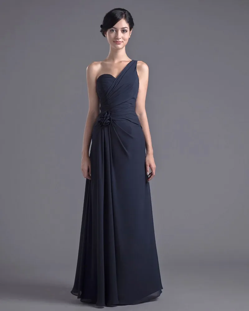 Mote Chiffon Plissert Blomst En Skulder Gulv Lengde Brudepikekjoler