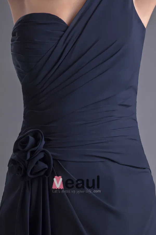 Mousseline De Soie Fleur Une Epaule Etage Robe De Demoiselle D'honneur De Longueur Plisse De Mode