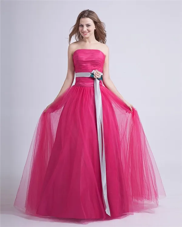 Romantic Ball Gown Strapless Sash Tulle Custom Prom Dresses