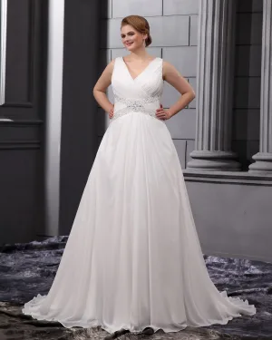 Chiffon Ruffle Beading V Neck Court Plus Size Bridal Gown Wedding Dresses
