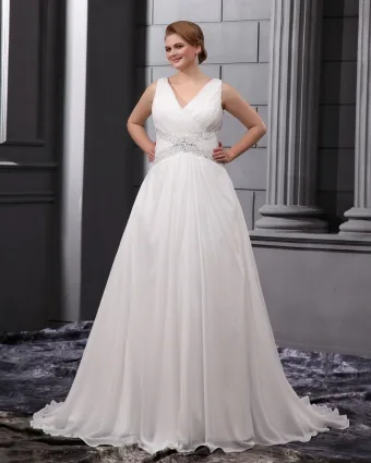 Chiffon Ruffle Beading V Neck Court Plus Size Bridal Gown Wedding Dresses