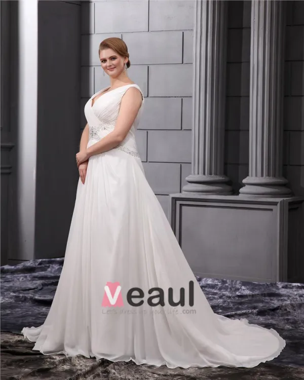 Chiffon Ruffle Beading V Neck Court Plus Size Bridal Gown Wedding Dresses