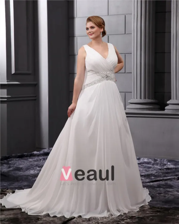 Chiffon Ruffle Beading V Neck Court Plus Size Bridal Gown Wedding Dresses