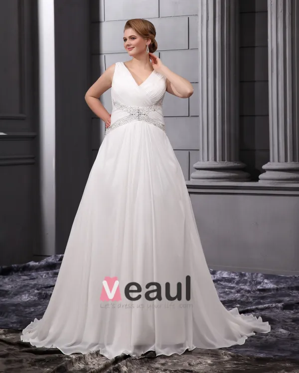 Chiffon Ruffle Beading V Neck Court Plus Size Bridal Gown Wedding Dresses