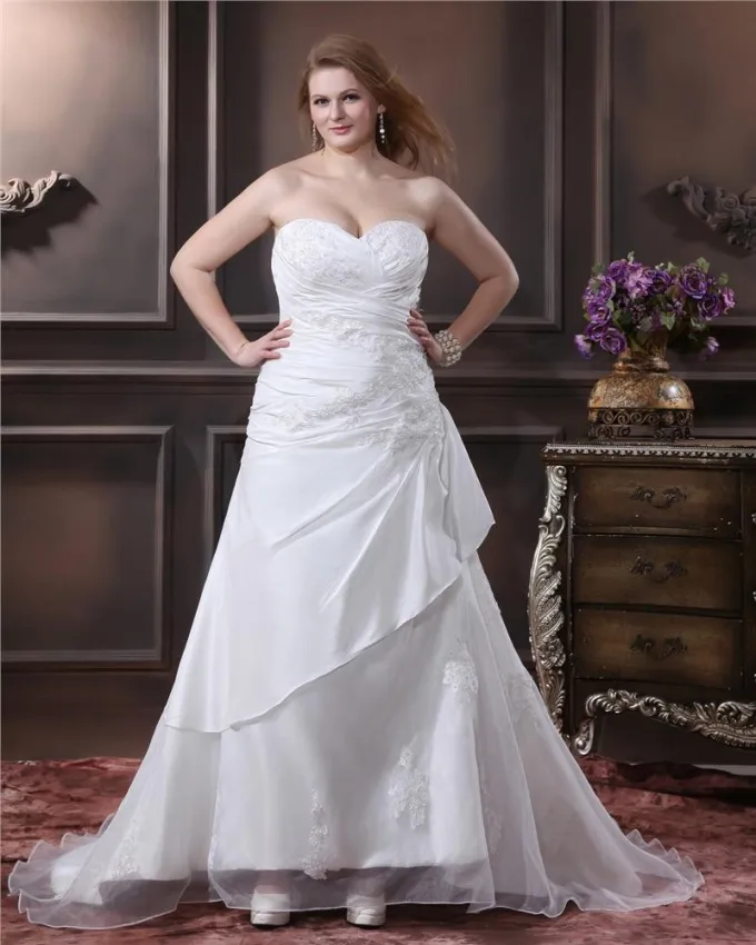 Elegant Organza Kjaereste Applikasjon Beading Imperium Kapell Tog Pluss Storrelsen Bryllup Kjoler