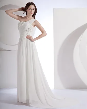 Chiffon Satin One Shoulder Beading Sweep Sheath Bridal Gown Wedding Dress