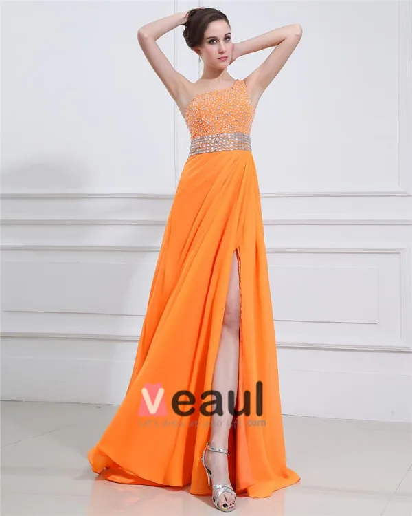 Chiffon Ruffle Applique Beading One Shoulder Floor Length Evening Dresses