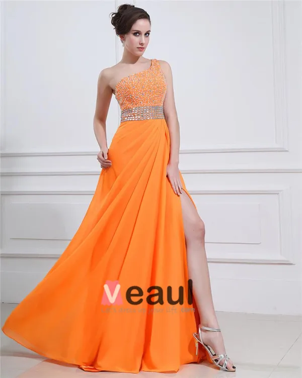 Chiffon Ruffle Applique Beading One Shoulder Floor Length Evening Dresses