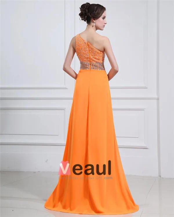 Chiffon Ruffle Applique Beading One Shoulder Floor Length Evening Dresses