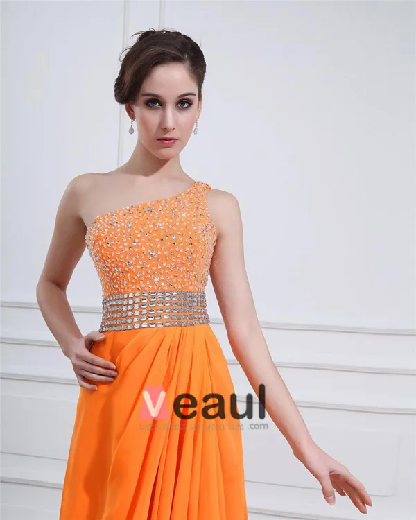 Chiffon Ruffle Applique Beading One Shoulder Floor Length Evening Dresses