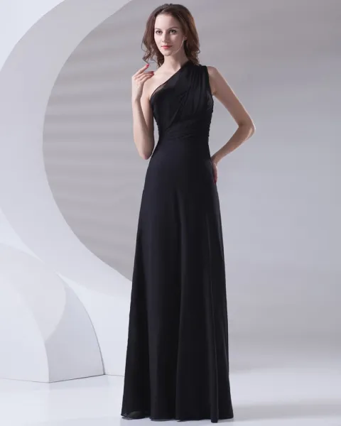 Slim Ruffle Design Sloping Neckline Floor Length Chiffon Bridesmaid Dress