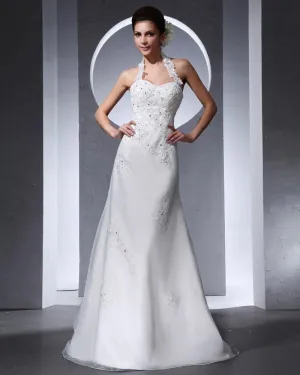 Appliques Halter Perles Etage Longueur Organza Tulle Femme Robe De Mariée Sirène