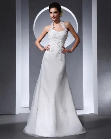 Appliques Halter Perles Etage Longueur Organza Tulle Femme Robe De Mariée Sirène