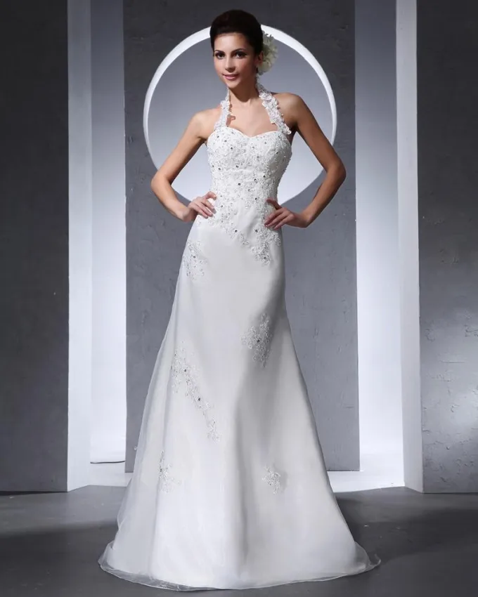 Halter Applikasjon Beading Gulv Lengde Organza Tyll Kvinne Havfrue Brudekjoler Bryllupskjoler