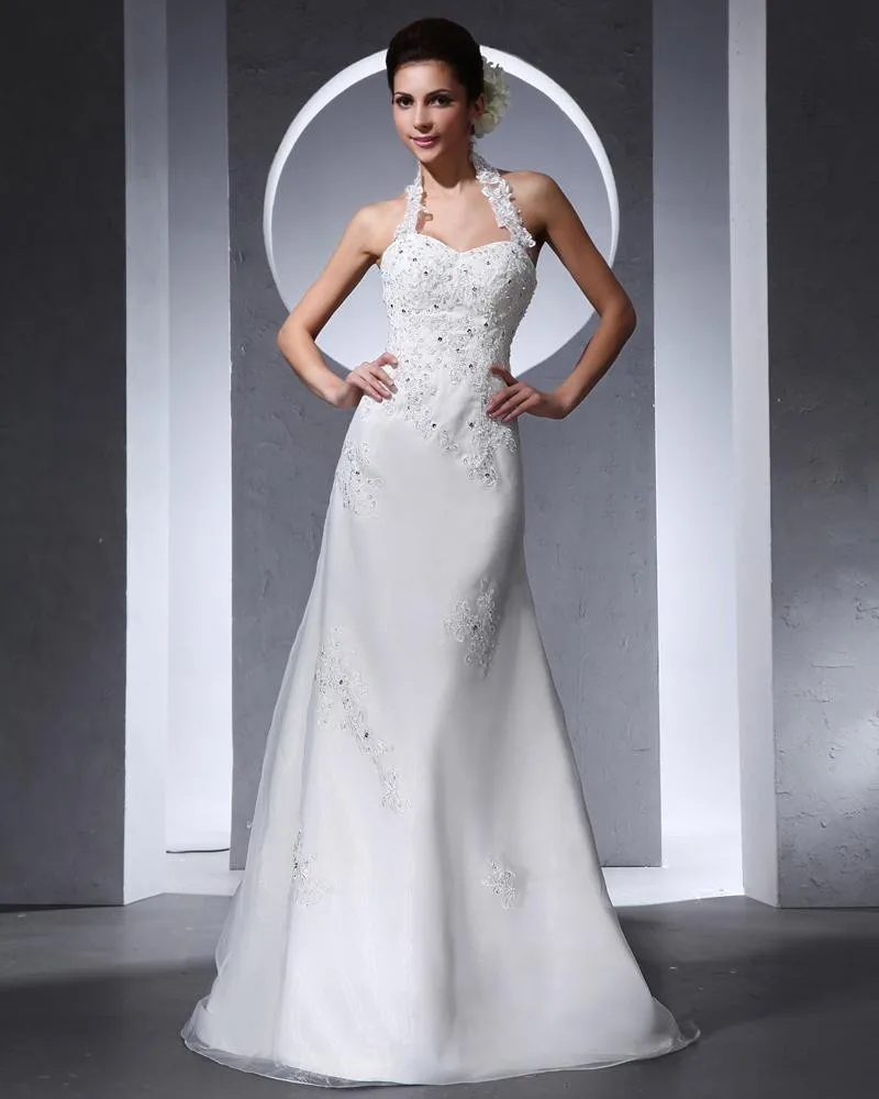 Halter Applikasjon Beading Gulv Lengde Organza Tyll Kvinne Havfrue Brudekjoler Bryllupskjoler