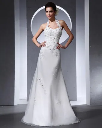 Halter Applique Beading Floor Length Organza Tulle Woman Mermaid Wedding Dress