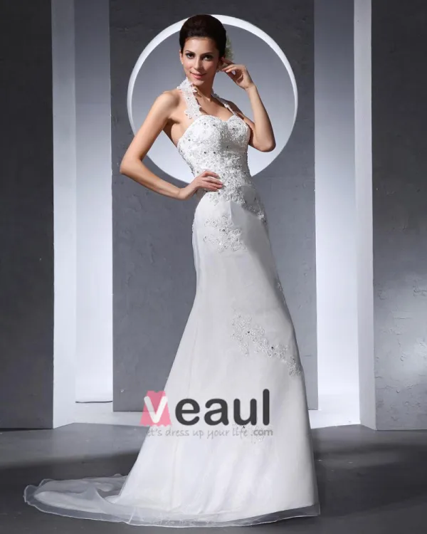 Halter Applique Beading Floor Length Organza Tulle Woman Mermaid Wedding Dress