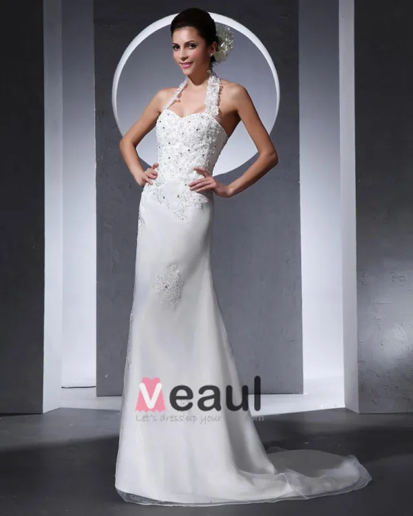 Halter Applique Beading Floor Length Organza Tulle Woman Mermaid Wedding Dress