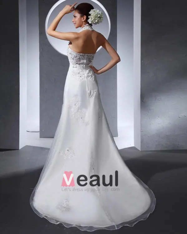 Halter Applique Beading Floor Length Organza Tulle Woman Mermaid Wedding Dress