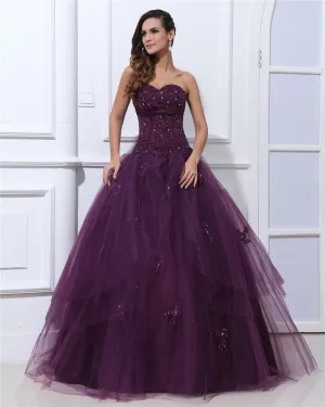 Ermelos Satin Garn Broderi Ruffles Applikasjon Kjaereste Gulv Lengde Ballkjoler