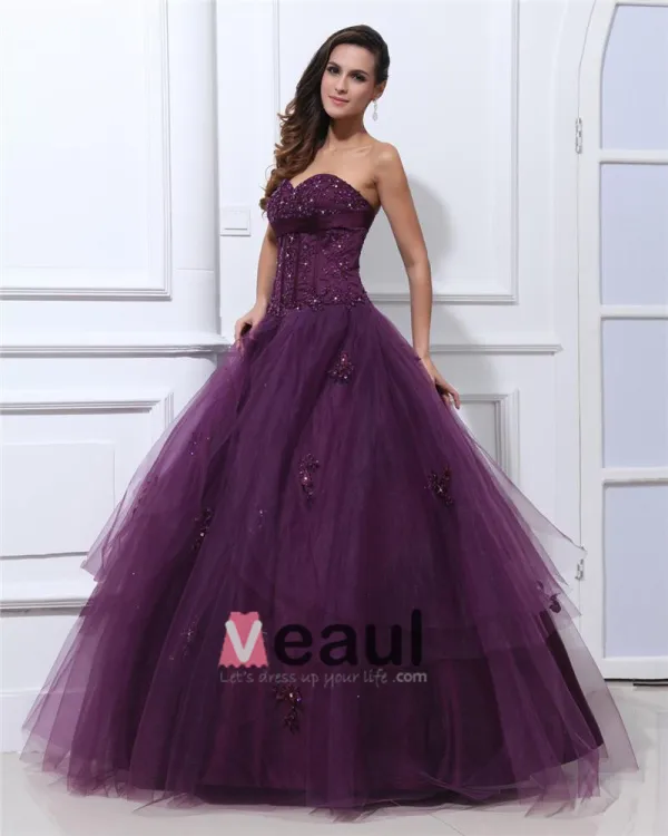 Ermelos Satin Garn Broderi Ruffles Applikasjon Kjaereste Gulv Lengde Ballkjoler