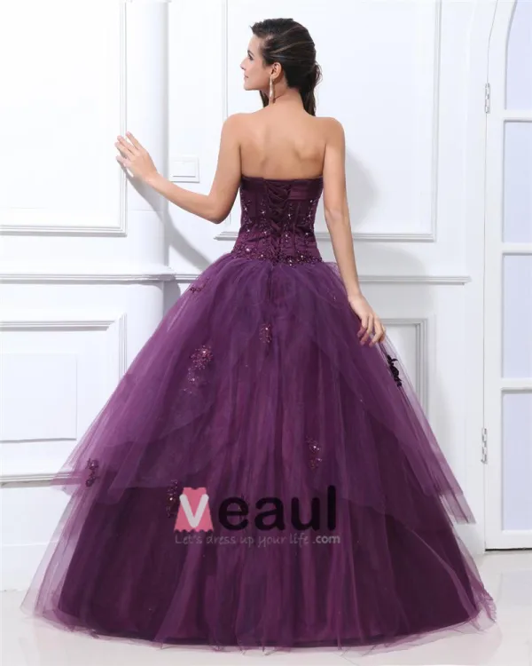 Ermelos Satin Garn Broderi Ruffles Applikasjon Kjaereste Gulv Lengde Ballkjoler