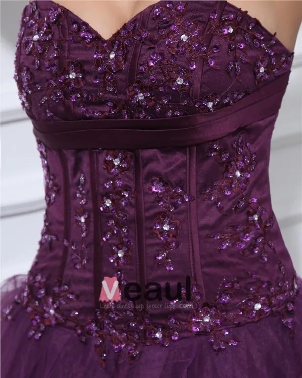 Ermelos Satin Garn Broderi Ruffles Applikasjon Kjaereste Gulv Lengde Ballkjoler