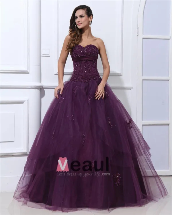 Ermelos Satin Garn Broderi Ruffles Applikasjon Kjaereste Gulv Lengde Ballkjoler