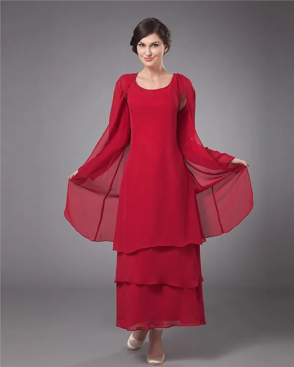 Chiffon Round Neck Ruffle Layered Tea Length Mothers of Bride Guests Dresses