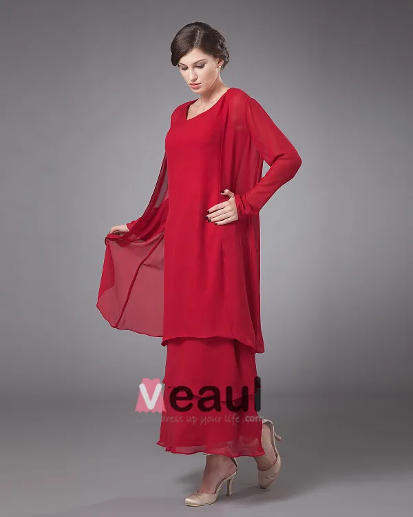 Chiffon Round Neck Ruffle Layered Tea Length Mothers of Bride Guests Dresses