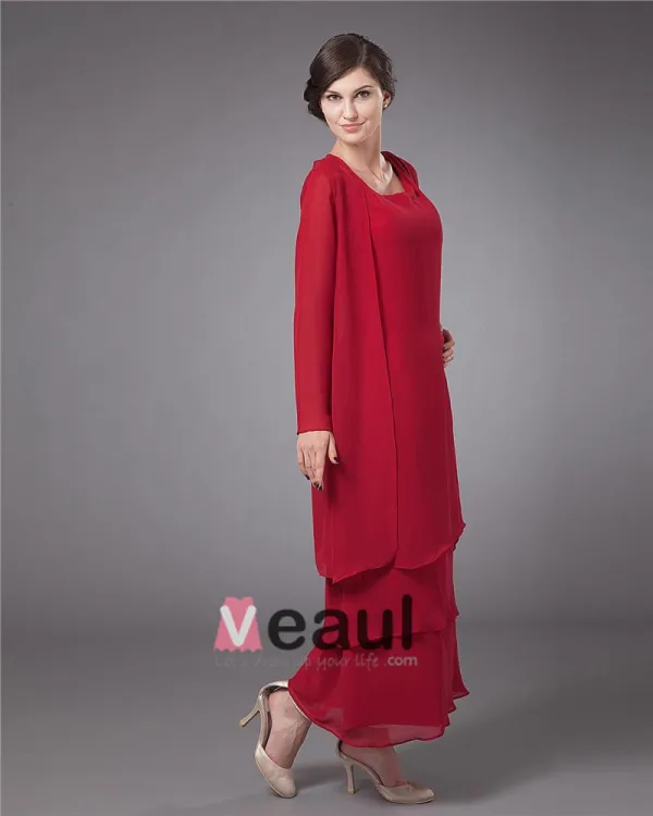 Chiffon Round Neck Ruffle Layered Tea Length Mothers of Bride Guests Dresses