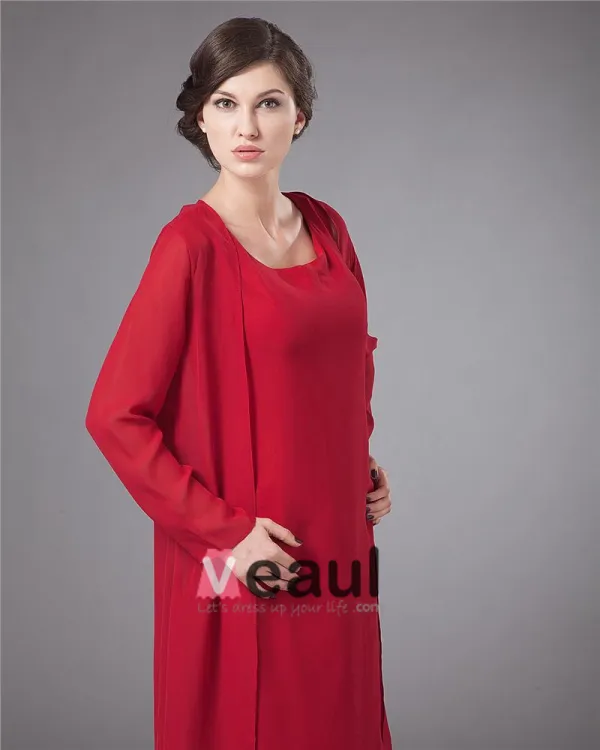 Chiffon Round Neck Ruffle Layered Tea Length Mothers of Bride Guests Dresses