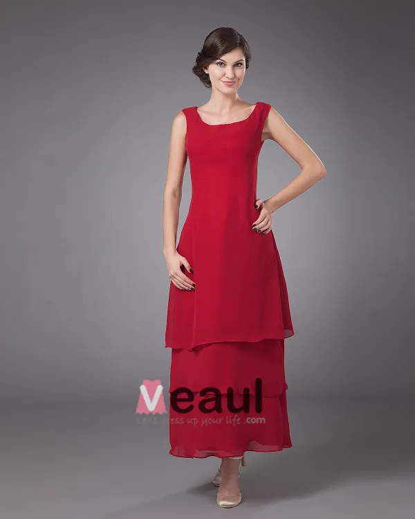 Chiffon Round Neck Ruffle Layered Tea Length Mothers of Bride Guests Dresses