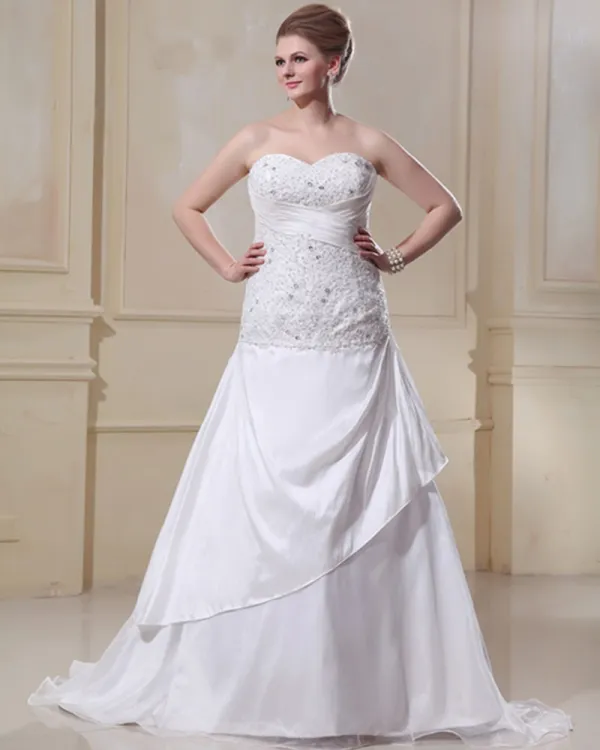 Satin Organza Ruffle Beading Sweetheart Court Plus Size Bridal Gown Wedding Dress