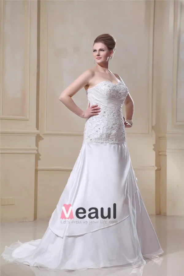 Satin Organza Ruffle Beading Sweetheart Court Plus Size Bridal Gown Wedding Dress
