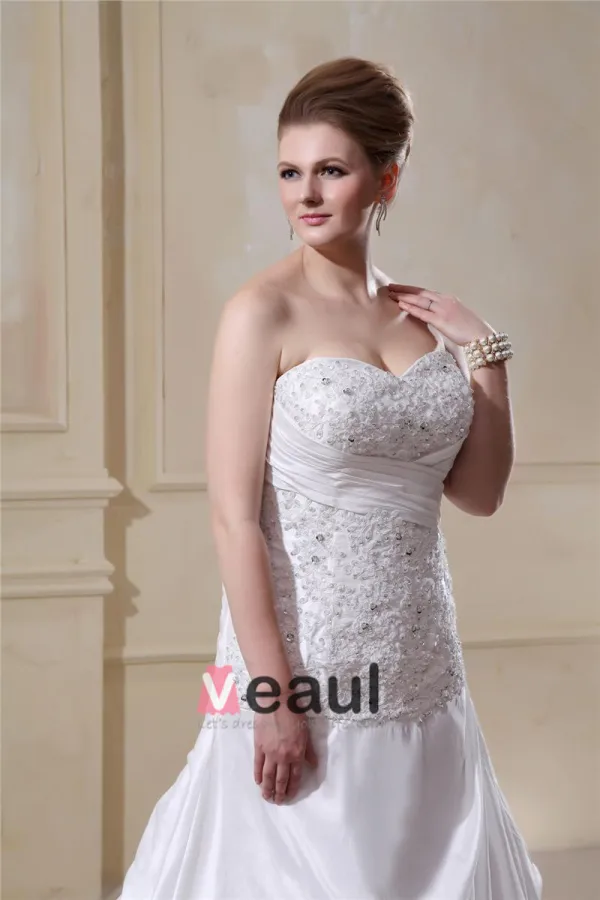 Satin Organza Ruffle Beading Sweetheart Court Plus Size Bridal Gown Wedding Dress