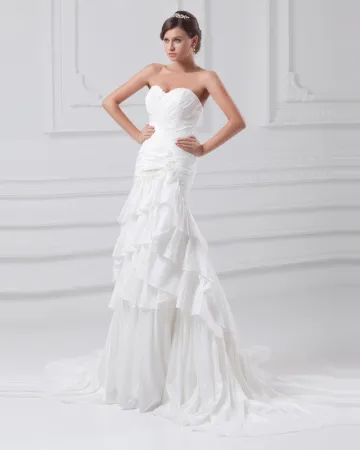 Taffeta Flower Applique Sequins Sweetheart Court Train Tiered Sheath Wedding Dress