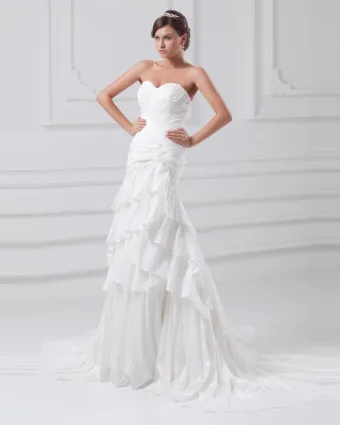 Taffeta Flower Applique Sequins Sweetheart Court Train Tiered Sheath Wedding Dress