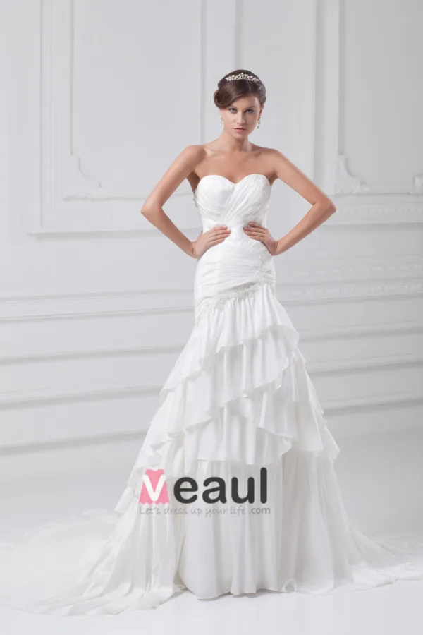 Taffeta Flower Applique Sequins Sweetheart Court Train Tiered Sheath Wedding Dress