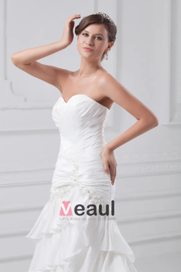 Taffeta Flower Applique Sequins Sweetheart Court Train Tiered Sheath Wedding Dress