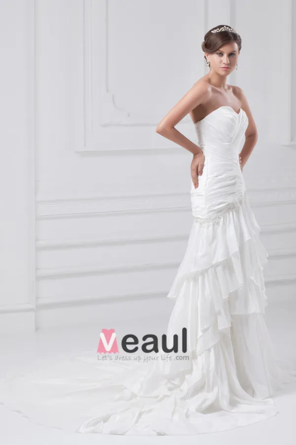 Taffeta Flower Applique Sequins Sweetheart Court Train Tiered Sheath Wedding Dress
