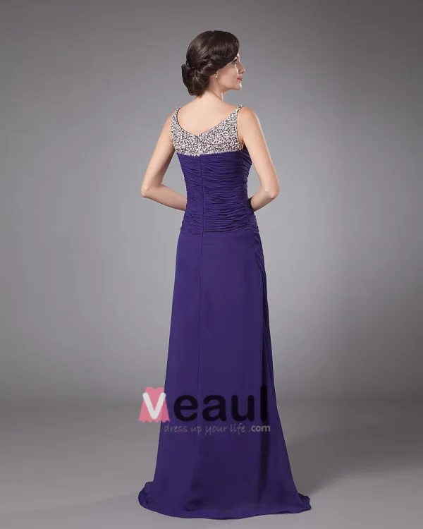 Chiffon Frynse Rund Hals Gulv Lengde Modre Av Bruden Gjester Kjoler