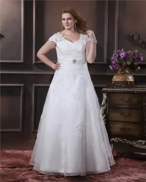 Lace V Neck Beading Empire Chapel Train Plus Size Wedding Dresses