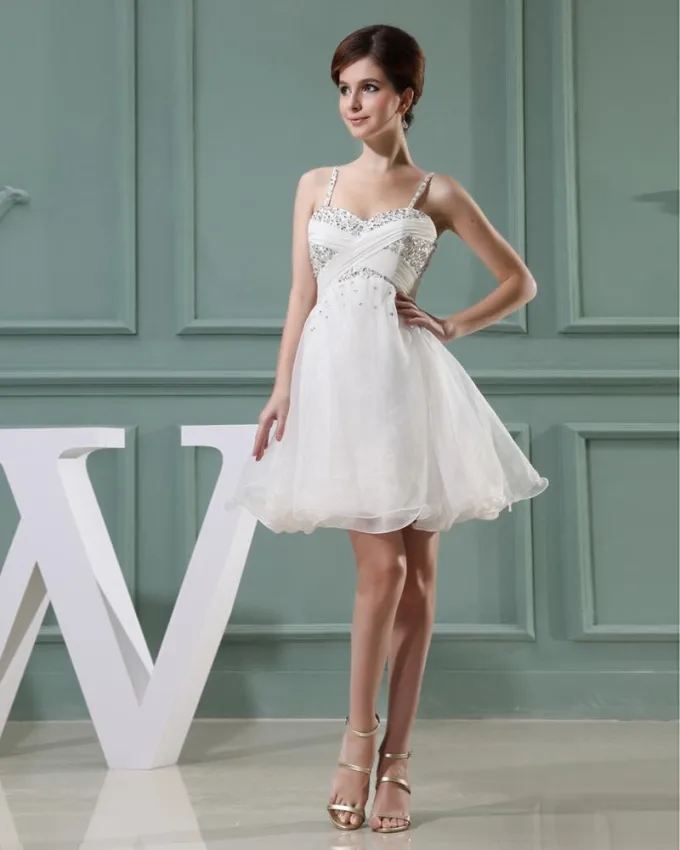 Blonder Silke Silke Som Satin Beading Spaghetti Band Ermelos Glidelas Plissert Mini Brudekjoler Bryllupskjoler