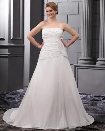 Satin Chiffon Ruffle Embroidery Court Large Size Bridal Gown Wedding Dress
