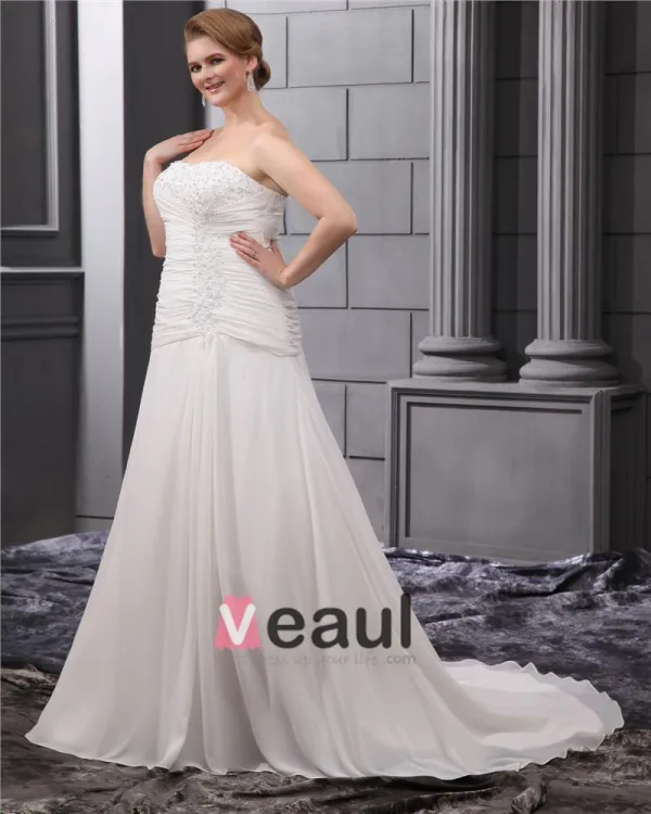 Satin Chiffon Ruffle Embroidery Court Large Size Bridal Gown Wedding Dress